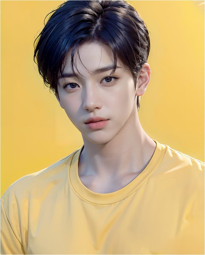 밝은 노란 배경 앞에서 연노랑 반팔 티셔츠를 입고 정면을 바라보는 젊은 남성 모델의 상반신