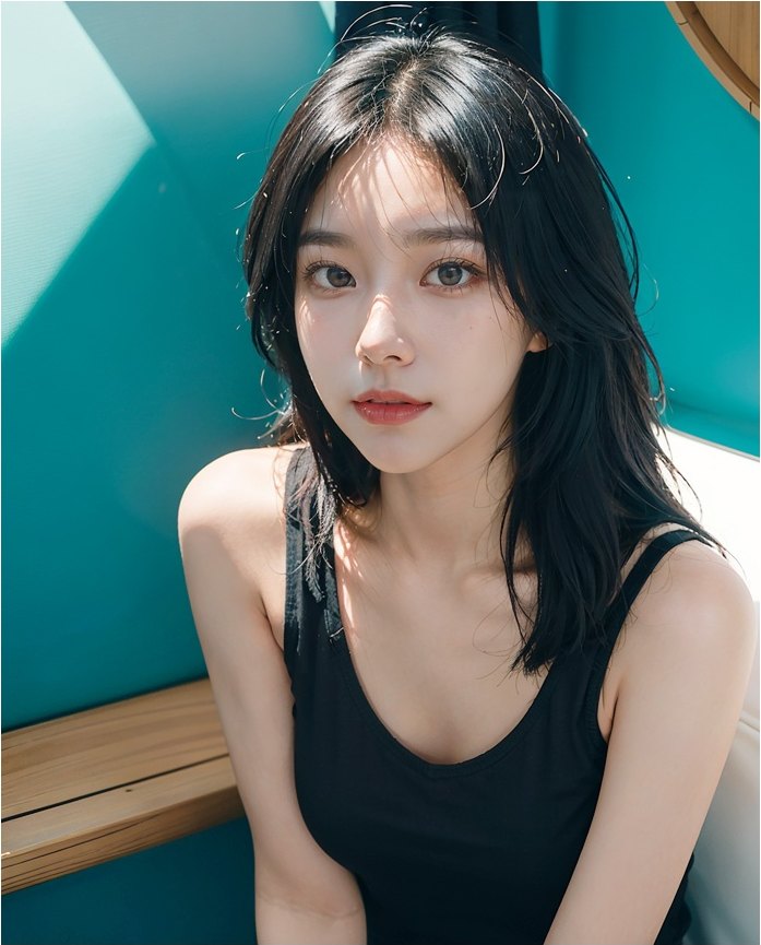 검은 민소매 상의를 입고 청록색 벽 앞에 앉아 정면을 바라보는 여성 모델