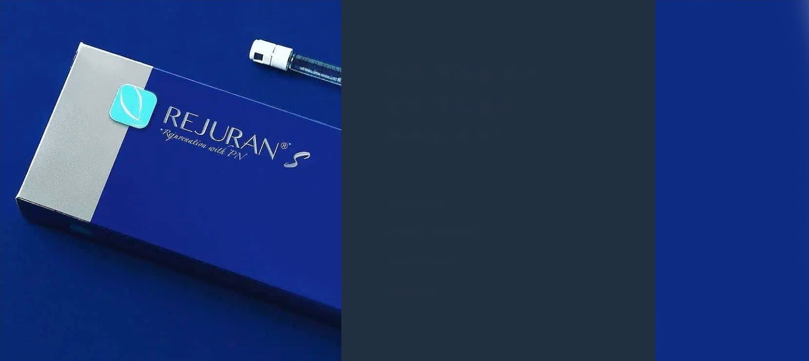 코발트블루 배경 위에 놓인 리쥬란 정품 패키지와 시린지