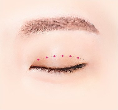 감은 눈꺼풀 위에 점선과 점으로 디자인 라인을 표시한 일러스트