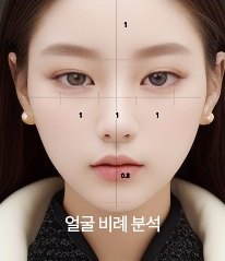 얼굴 비례 분석 — 정면 얼굴 사진 위에 세로·가로 비례 격자선과 계측 수치를 표시한 이미지
