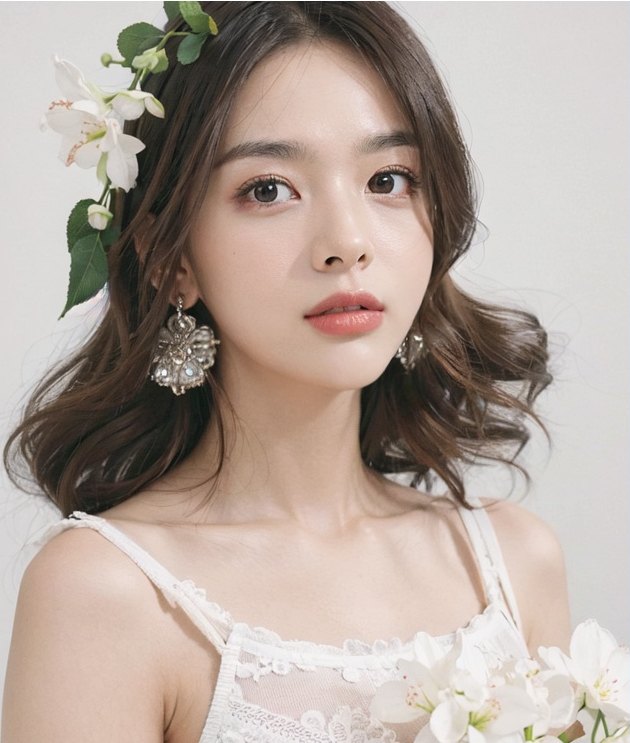 흰 꽃 장식과 은색 귀걸이를 한 여성 모델이 갸름한 얼굴선으로 시선을 위로 향한 상반신 컷