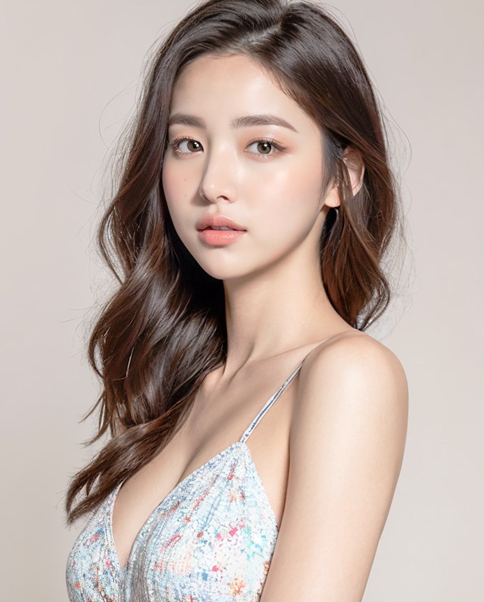 베이지 배경 앞에서 정면을 응시하는 여성 뷰티 포트레이트
