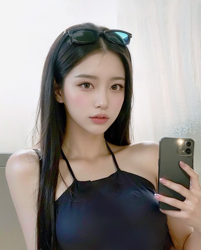 선글라스를 머리에 올린 여성이 거울 앞에서 셀피를 찍는 모습