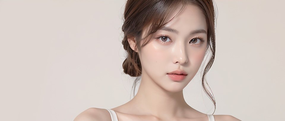머리를 낮게 묶은 여성 모델이 정면을 응시하는 상반신 뷰티 컷