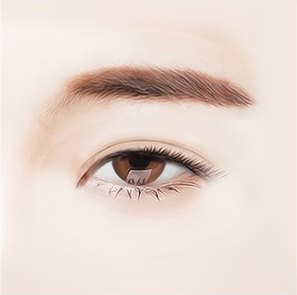윗눈꺼풀이 동공을 덮어 안검하수가 의심되는 눈 클로즈업