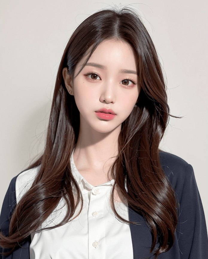 긴 갈색 웨이브 머리의 20대 한국인 여성 모델이 흰 셔츠 위에 네이비 재킷을 입고 정면을 응시하는 상반신 사진