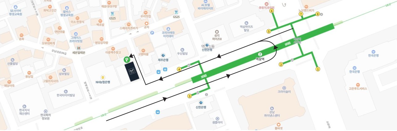 에이펙스 성형외과 주변 약도. 2호선 역삼역 3번 출구에서 테헤란로를 따라 30m 직진하면 KT Plaza 건물(한중앙빌딩) 3층이며, 건물 뒷편에 주차장(P)이 있습니다. 주변에 NH농협은행, 제주은행, 세븐일레븐, 한국타이어빌딩, 한국지식재산센터가 표시되어 있습니다.