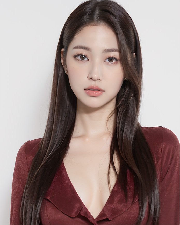 긴 갈색 생머리를 늘어뜨리고 버건디 새틴 블라우스를 입은 여성 모델의 상반신 사진