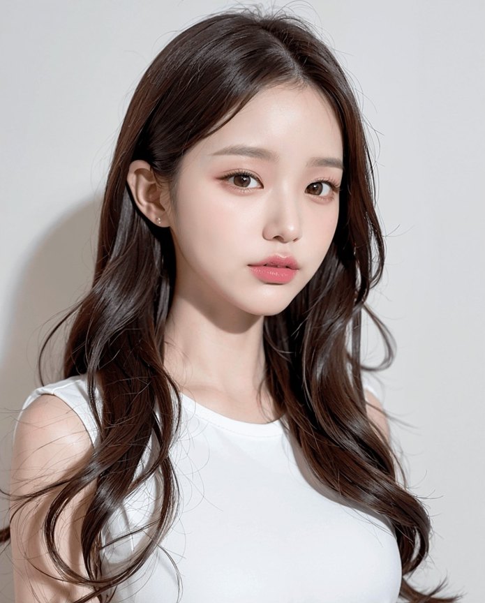 흰 민소매를 입은 긴 웨이브 머리 여성 모델이 정면을 바라보는 상반신 사진
